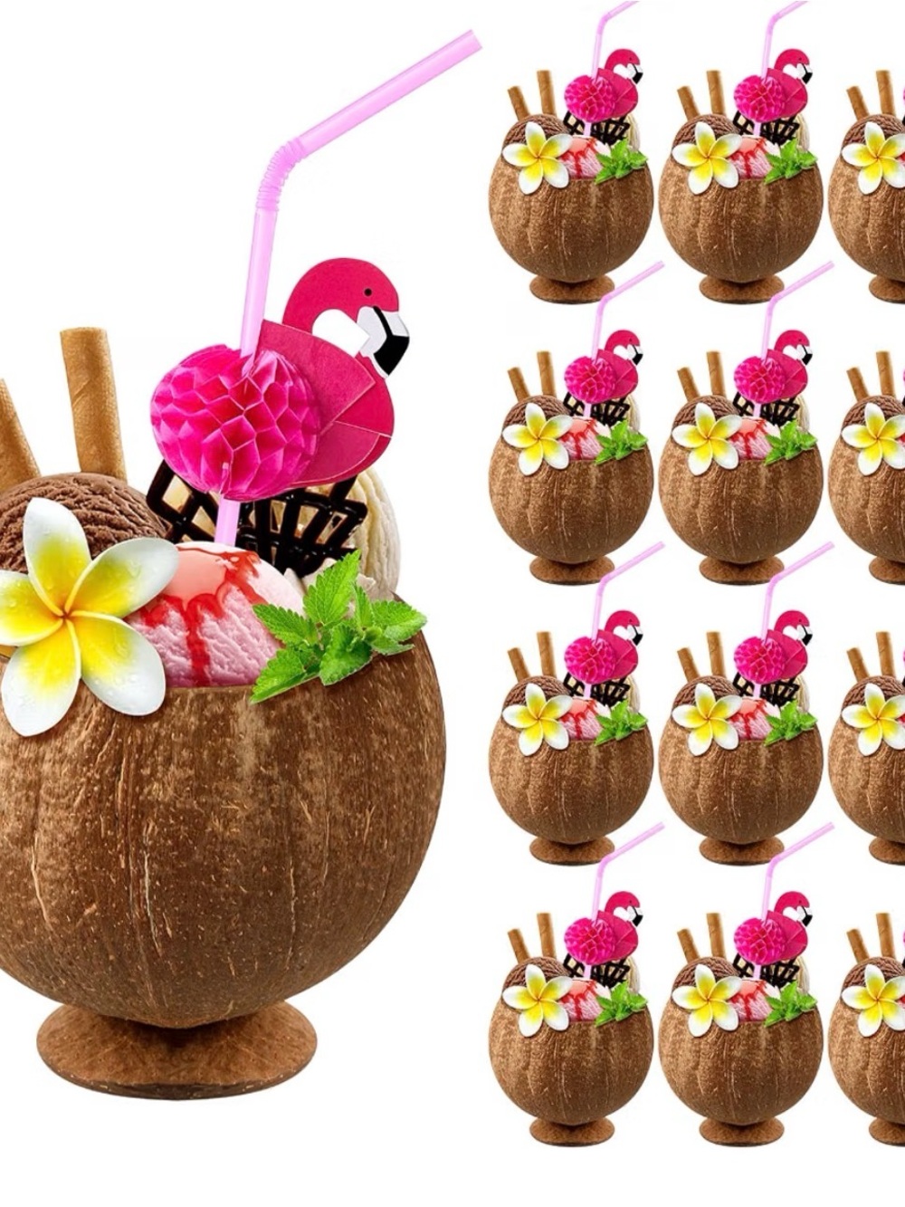 12 Tropical Flamingo Coconut Cup Party Decoration - Pink